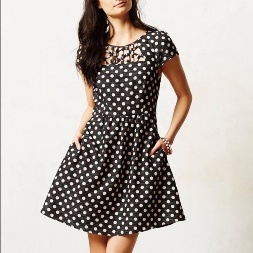 Maeve Anthropologie Dress Womens 4 Black Pink Nikola Polka Dot Lattice Pockets